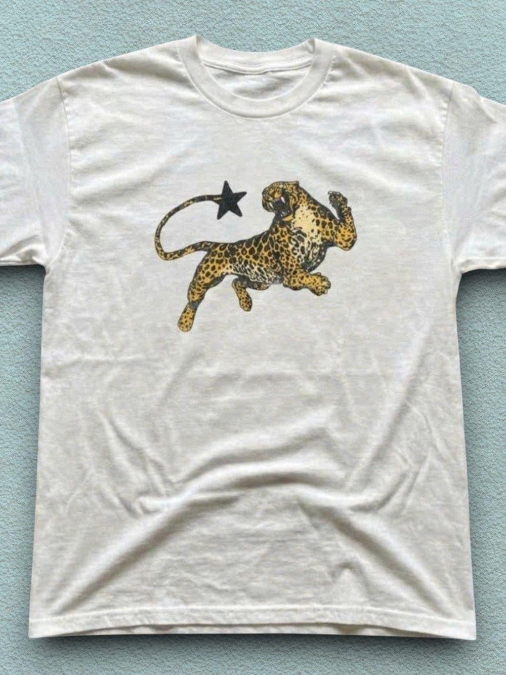 Gildan White Tee with Leopard and Star Graphic
